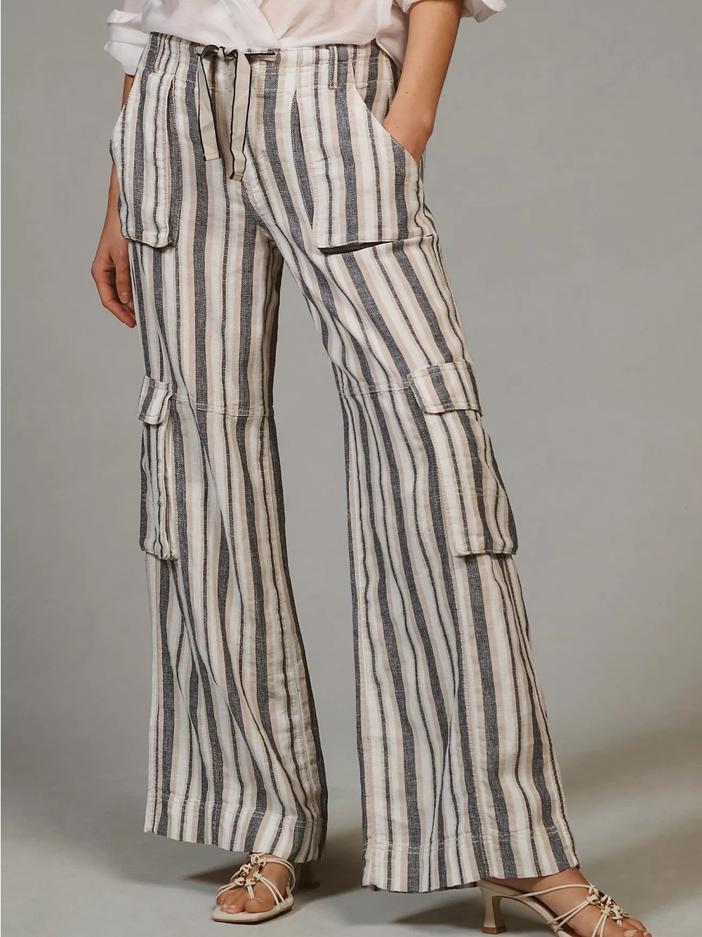 Anthro Pilcro Striped Beach Cargo Pants 31 Cotton Linen Wide Leg Boho Relaxed